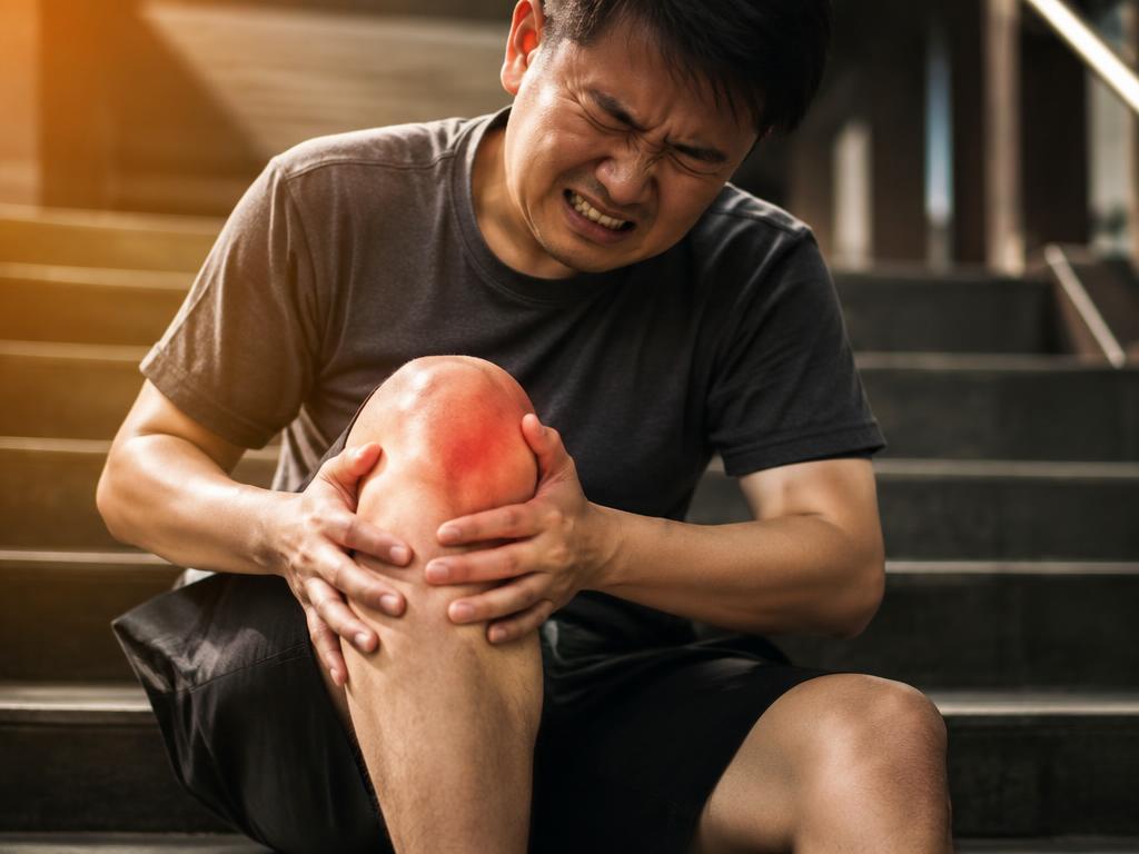 Man holding his swollen knee with a pained expression